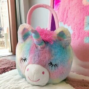 DanDee‎ Unicorn Plush Basket Tie Dye Ombre Colorful Rainbow Handle Soft Pink